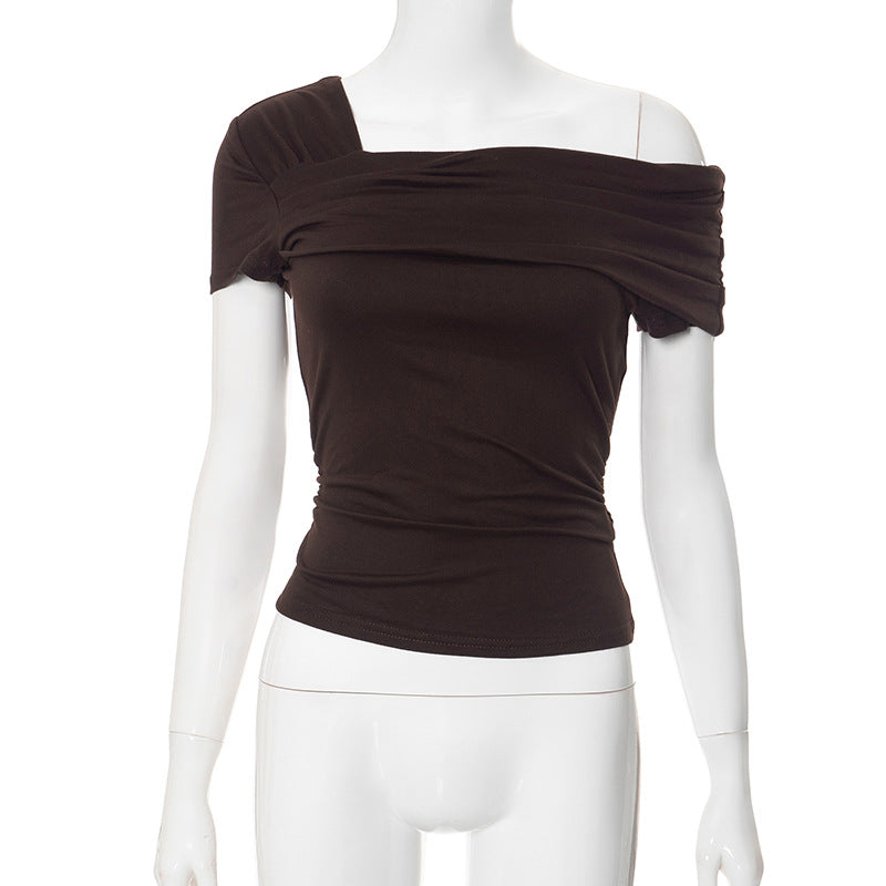Wholesale Polyester Solid Color Single Shoulder Short Sleeved Open Back Pleated Top T-shirt